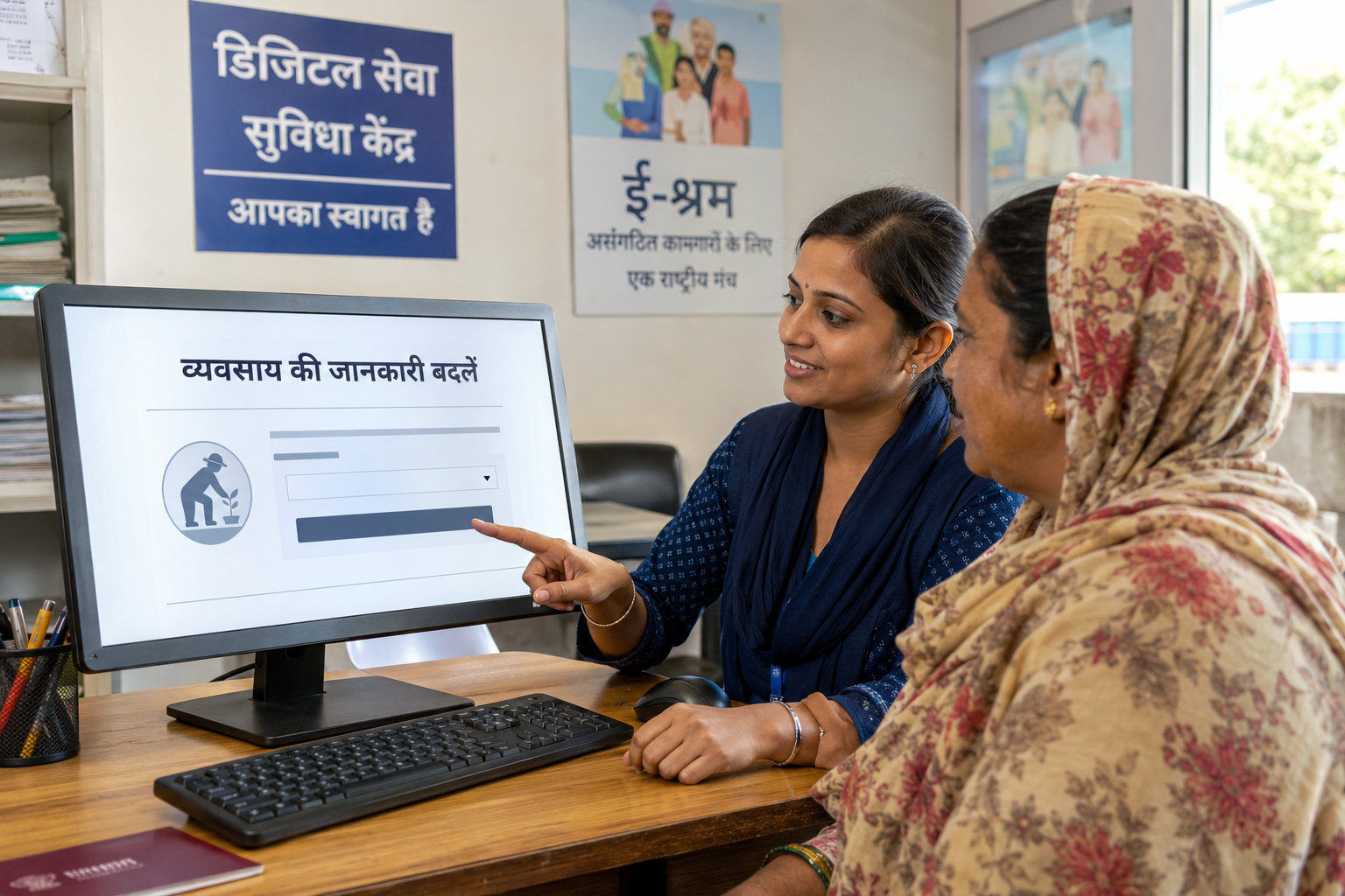 e-Shram Profile में व्यवसाय की जानकारी बदलती महिला श्रमिक