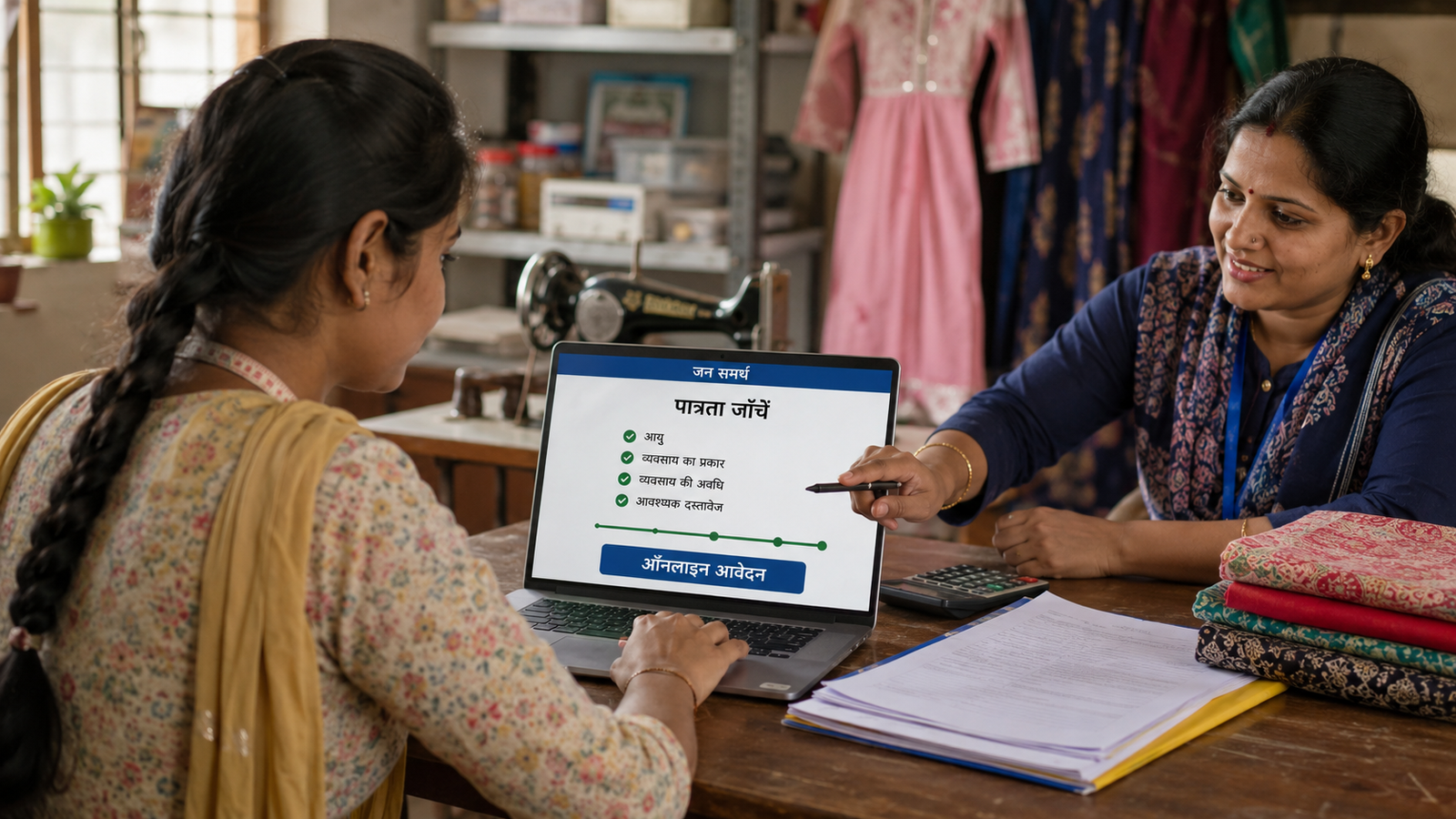Jan Samarth Portal 2026 पर loan eligibility जांचती महिला