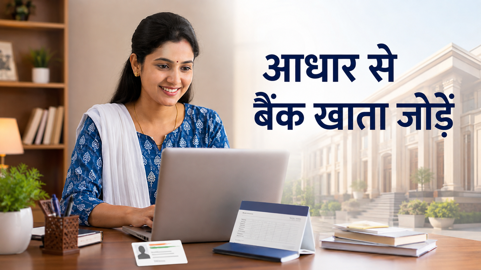 Bharat Aadhaar Seeding Enabler से Bank Account जोड़ती महिला