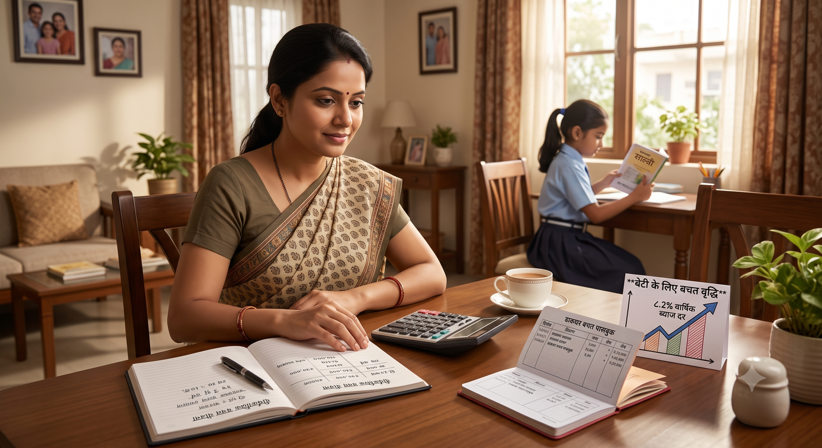 Sukanya Samriddhi Account में बचत और ब्याज की योजना बनाती मां