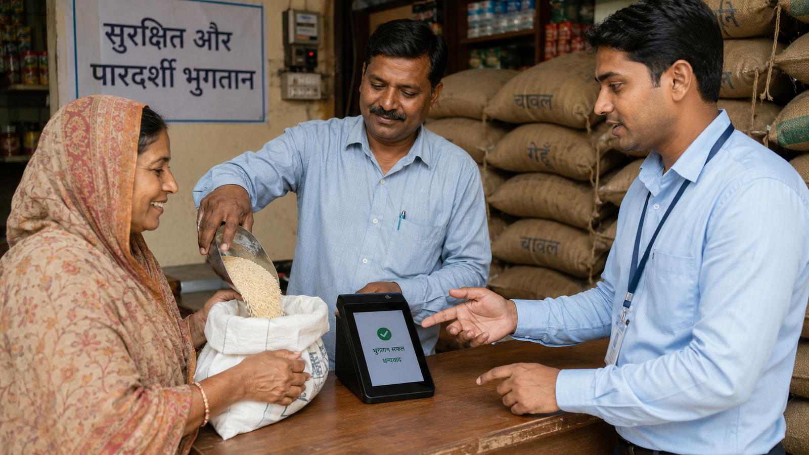 Digital Ration DBT 2026 में सुरक्षित Digital Payment से राशन लेती महिला