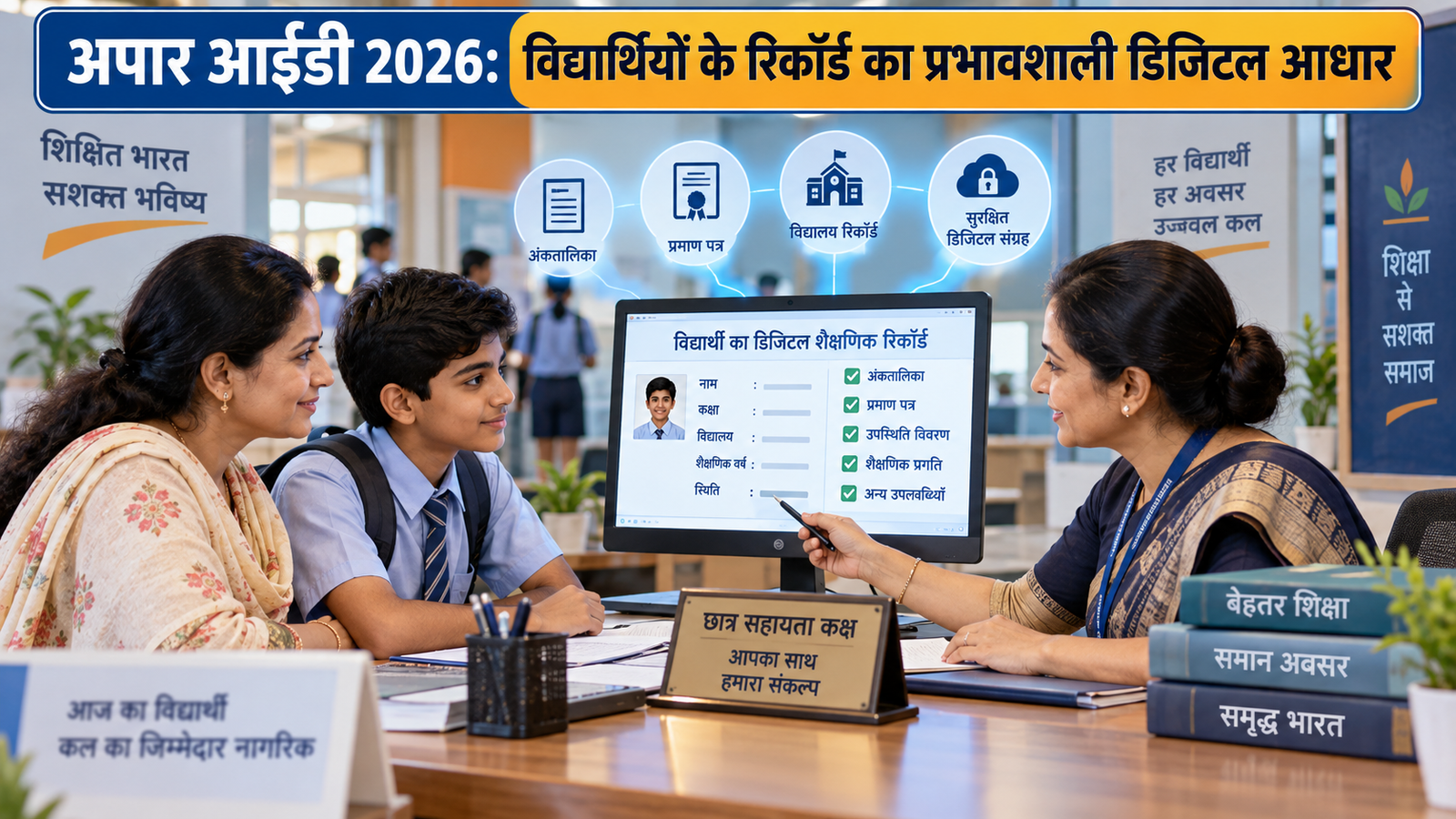 APAAR ID 2026 के लिए विद्यालय में जानकारी प्राप्त करते विद्यार्थी और अभिभावक