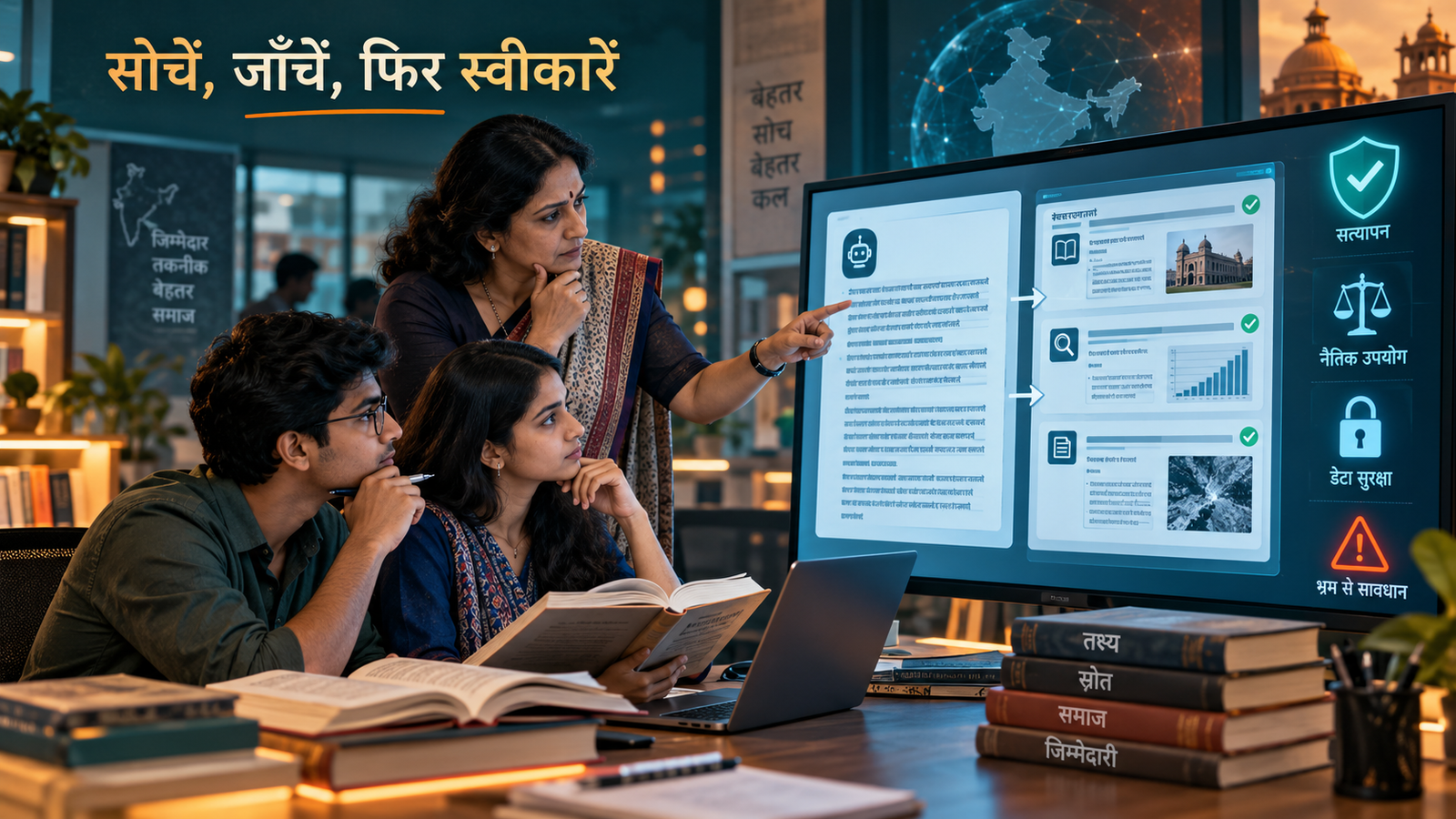 AI Based Learning में उत्तर की पुस्तकों और विश्वसनीय स्रोतों से जांच करते विद्यार्थी