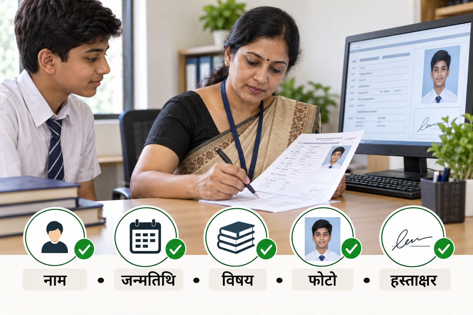 CBSE Student Data Verification के लिए स्कूल रिकॉर्ड जाँचते विद्यार्थी और अभिभावक