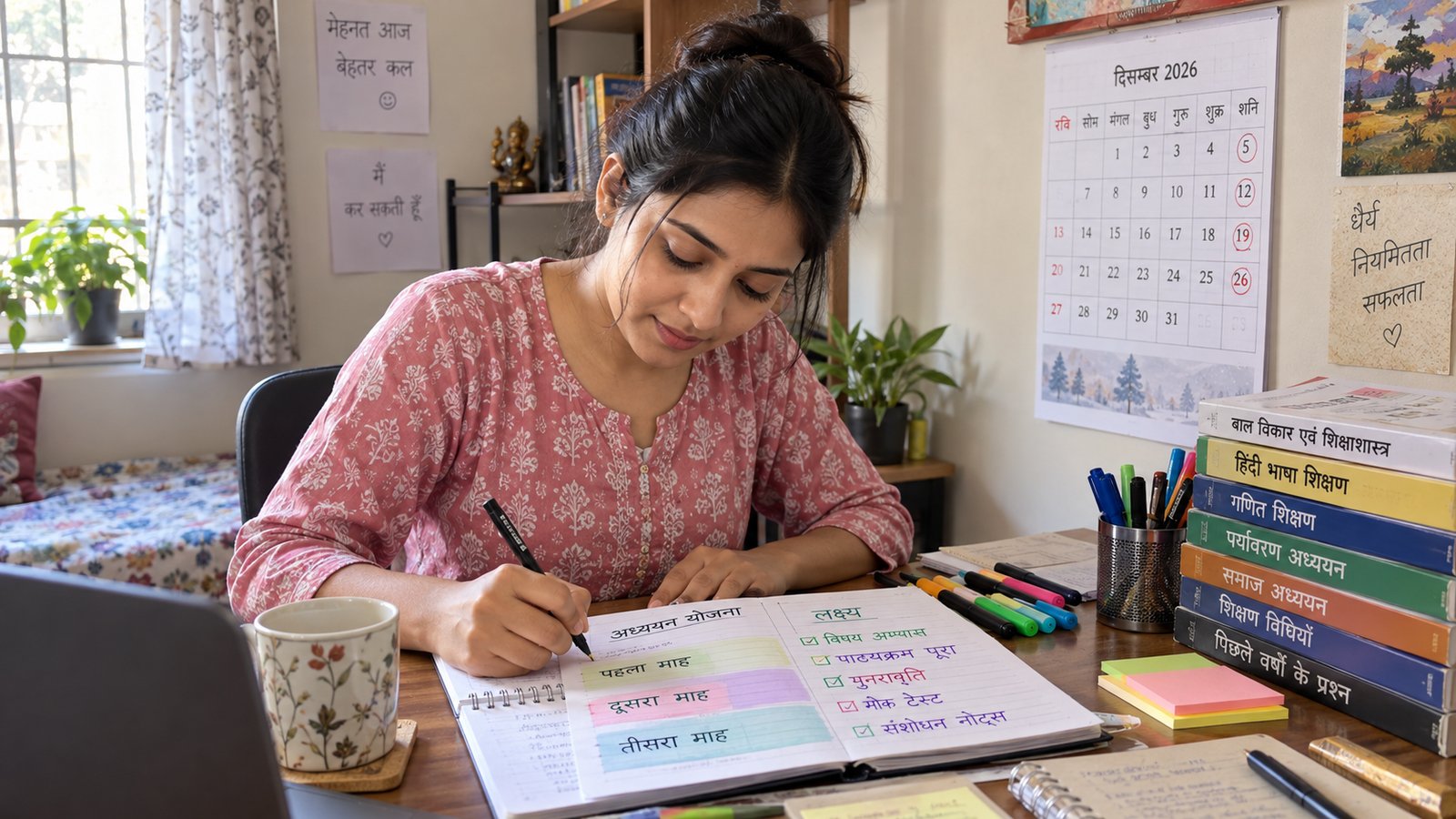 CTET Exam Date 2026 के अनुसार तीन महीने की अध्ययन योजना बनाती महिला अभ्यर्थी