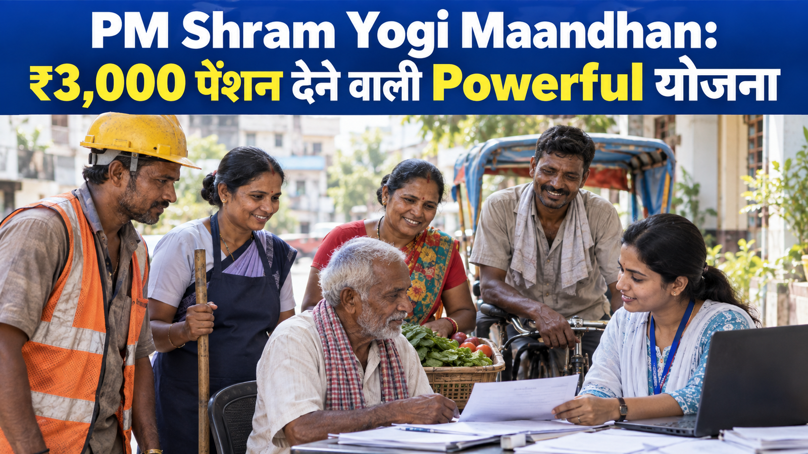PM Shram Yogi Maandhan के अंतर्गत ₹3,000 मासिक पेंशन की जानकारी लेते असंगठित श्रमिक