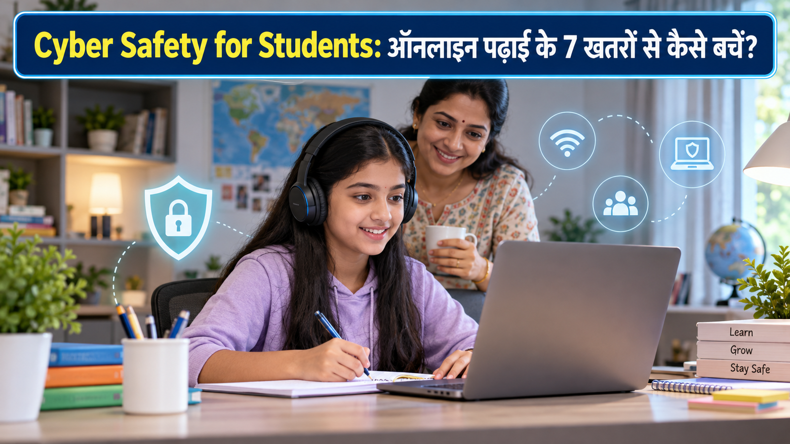 Cyber Safety for Students के नियमों के साथ ऑनलाइन पढ़ाई करती छात्रा