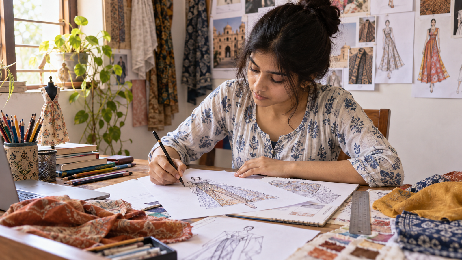 NIFT Entrance Exam 2027 के लिए Fashion Sketching करती विद्यार्थी