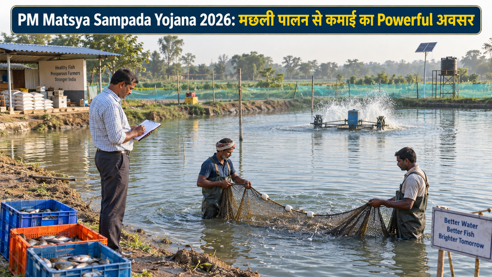 PM Matsya Sampada Yojana 2026 से आधुनिक मछली पालन करते किसान