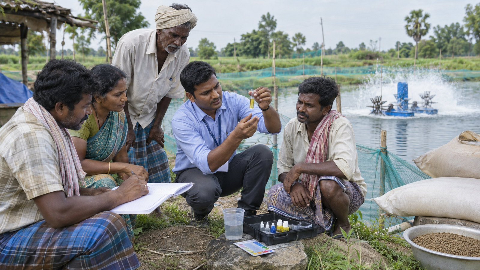 PM Matsya Sampada Yojana 2026 के लिए Water Testing सीखते किसान