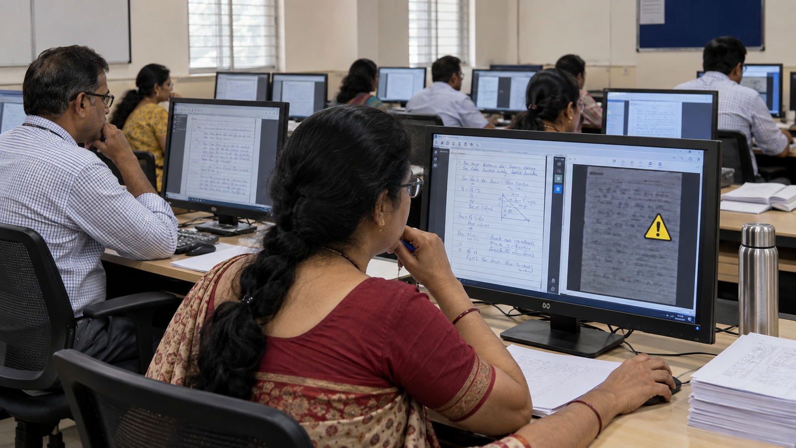 Digital Evaluation केंद्र में scanned answer sheets जाँचते शिक्षक