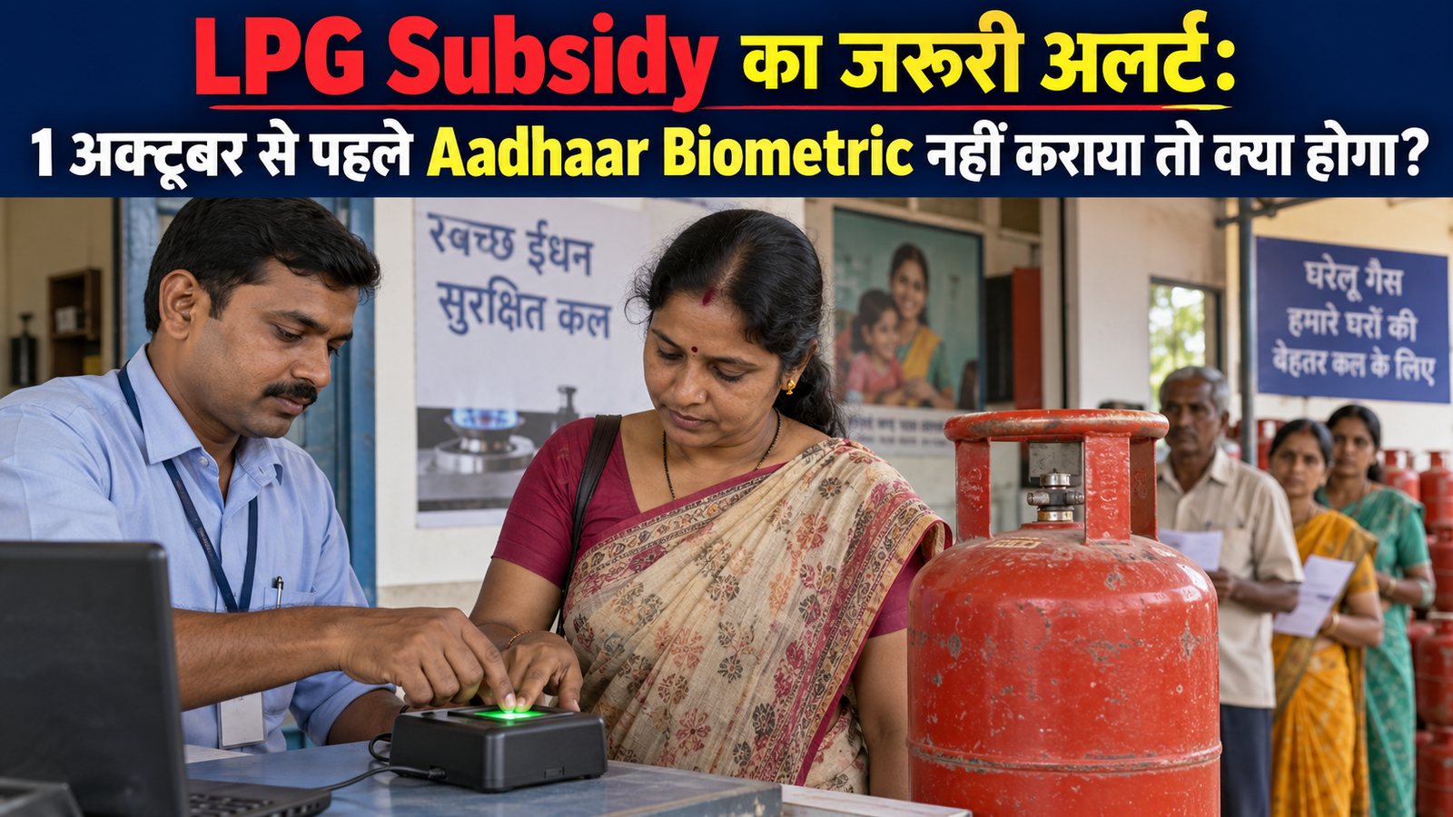 LPG Subsidy के लिए Aadhaar Biometric Authentication कराती महिला