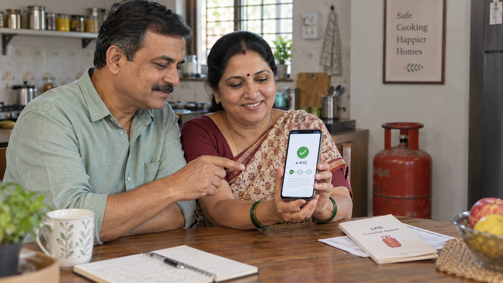 Mobile app पर LPG Subsidy e-KYC status जाँचता परिवार