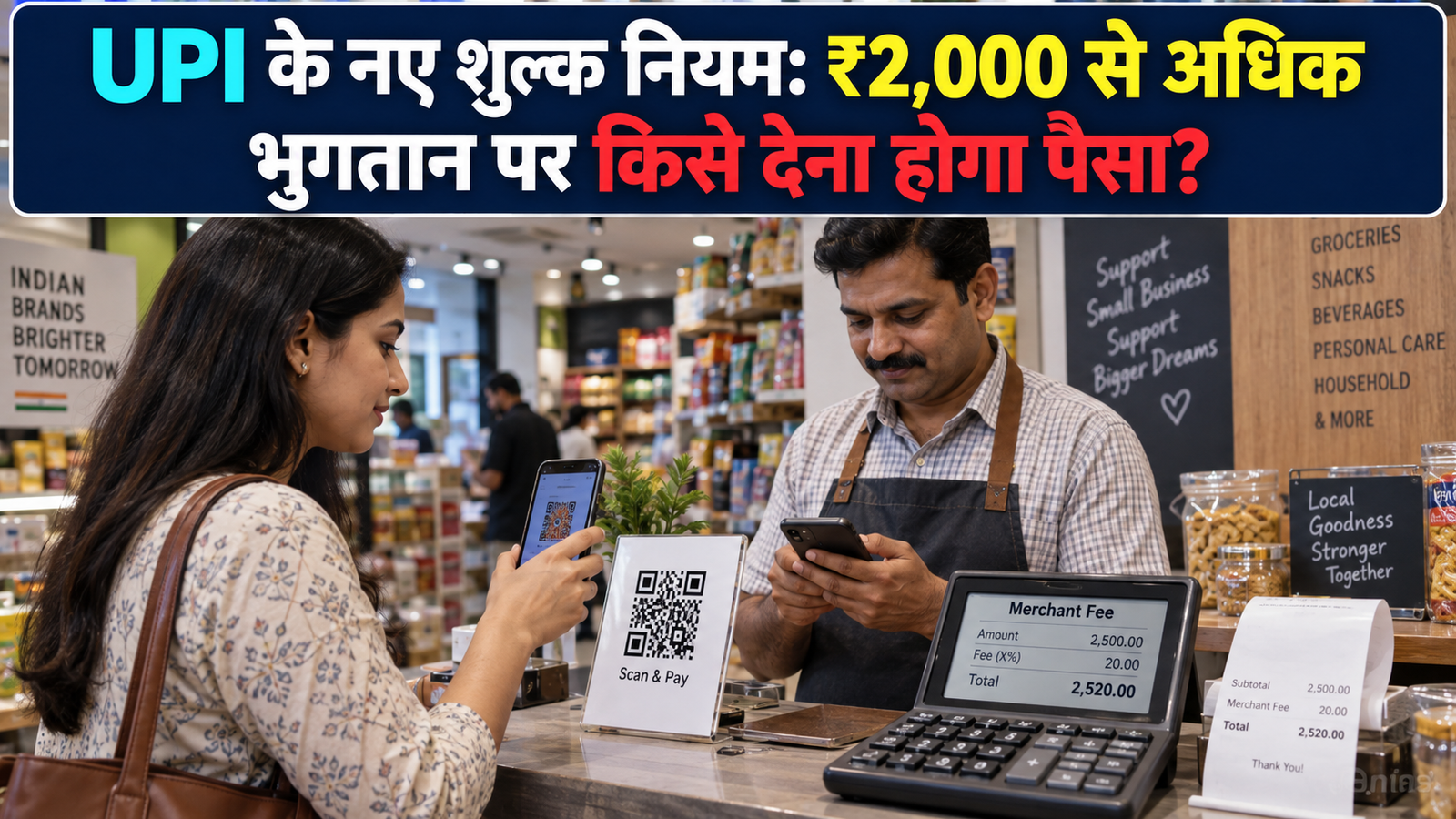 UPI Charges के नए नियम में QR payment करता ग्राहक