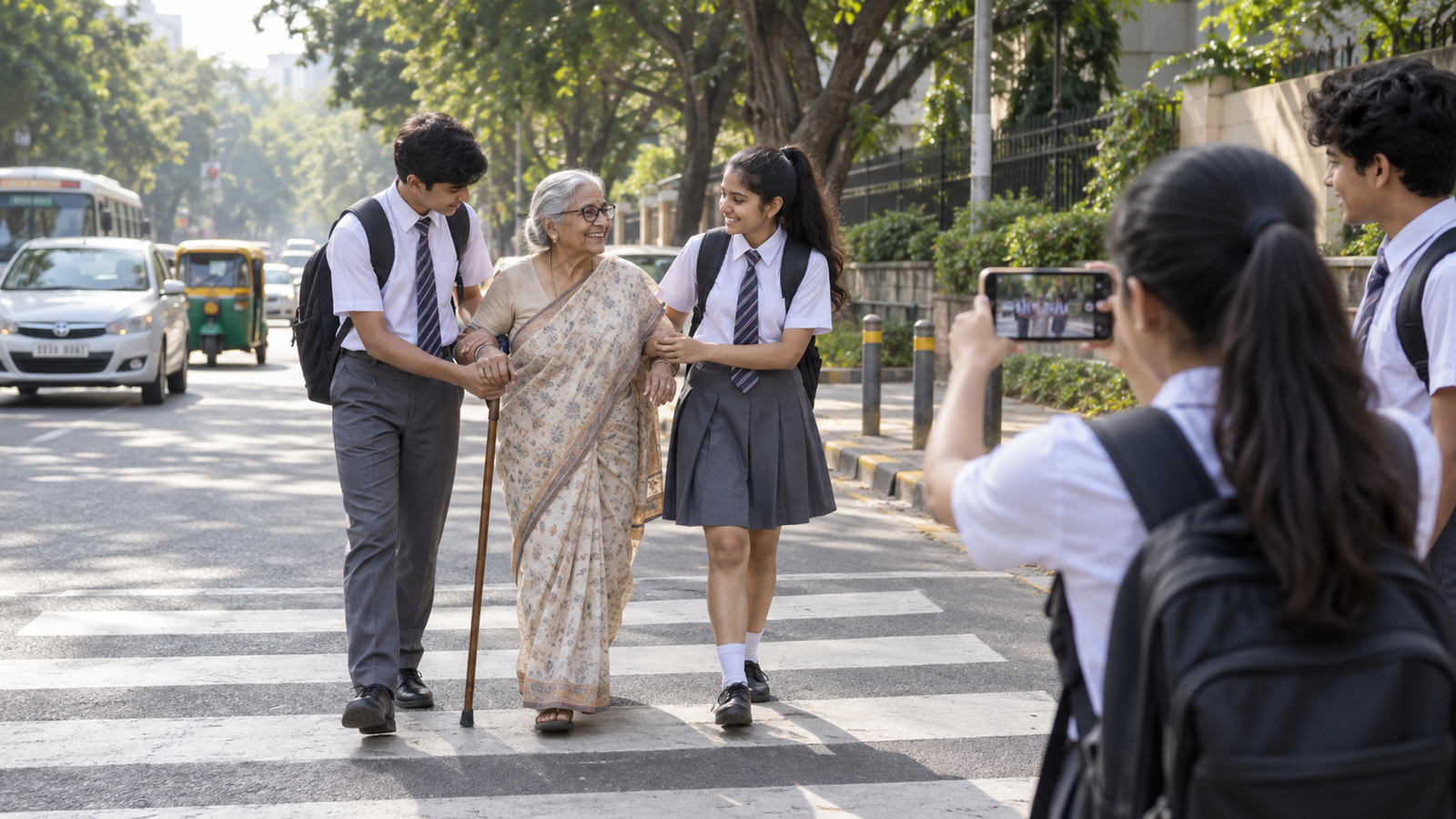 Meri Seva Mera Sankalp रील में बुजुर्ग महिला की सहायता करते विद्यार्थी