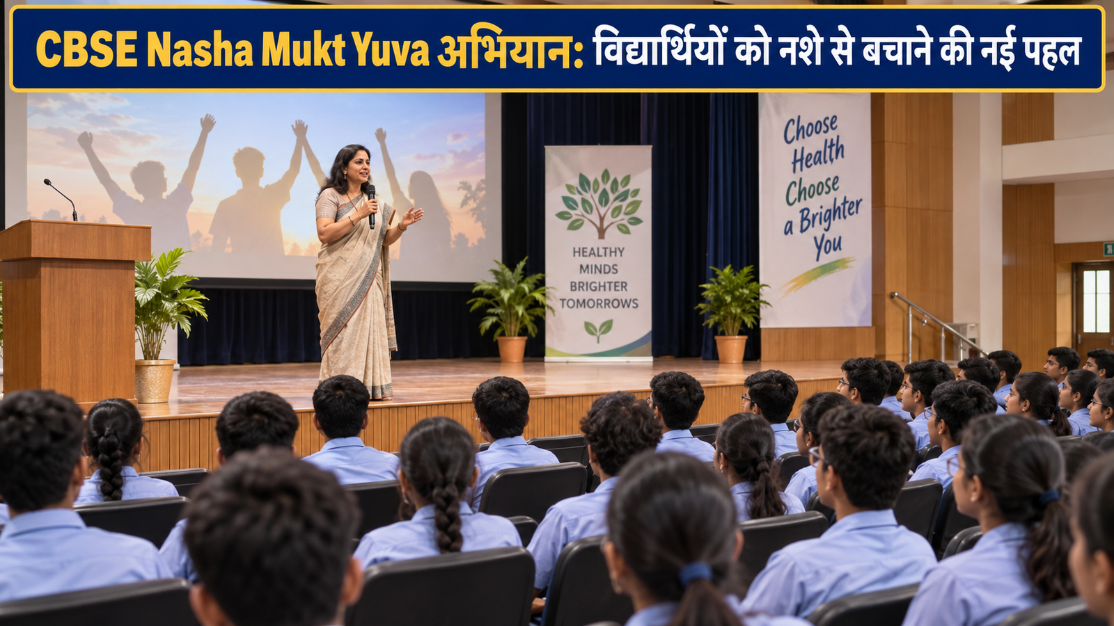 Nasha Mukt Yuva अभियान पर स्कूल सभागार में विद्यार्थियों को संबोधित करती विशेषज्ञ