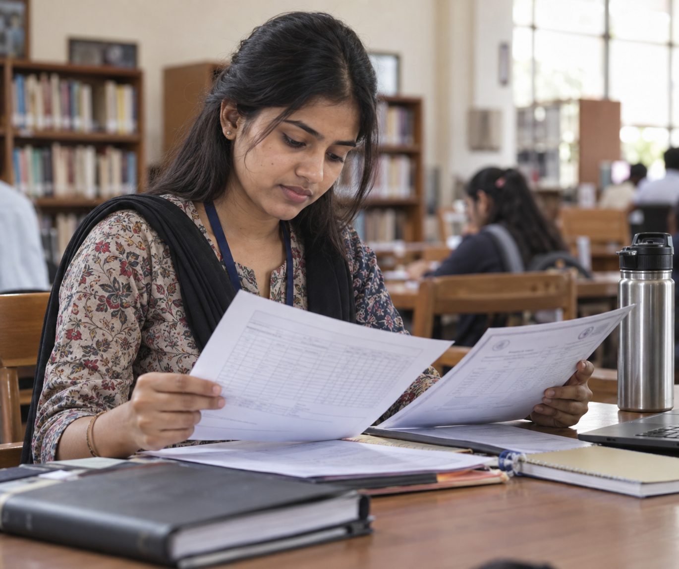 PM-USP Scholarship renewal के लिए मार्कशीट जाँचती छात्रा