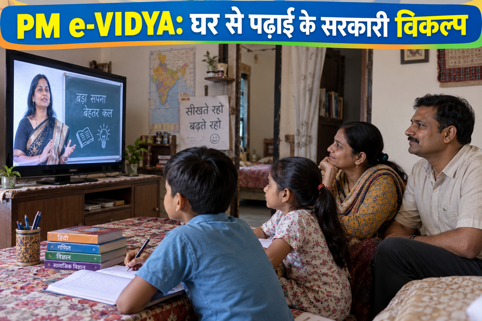PM e-VIDYA के तहत घर पर टीवी से पढ़ते बच्चे और अभिभावक