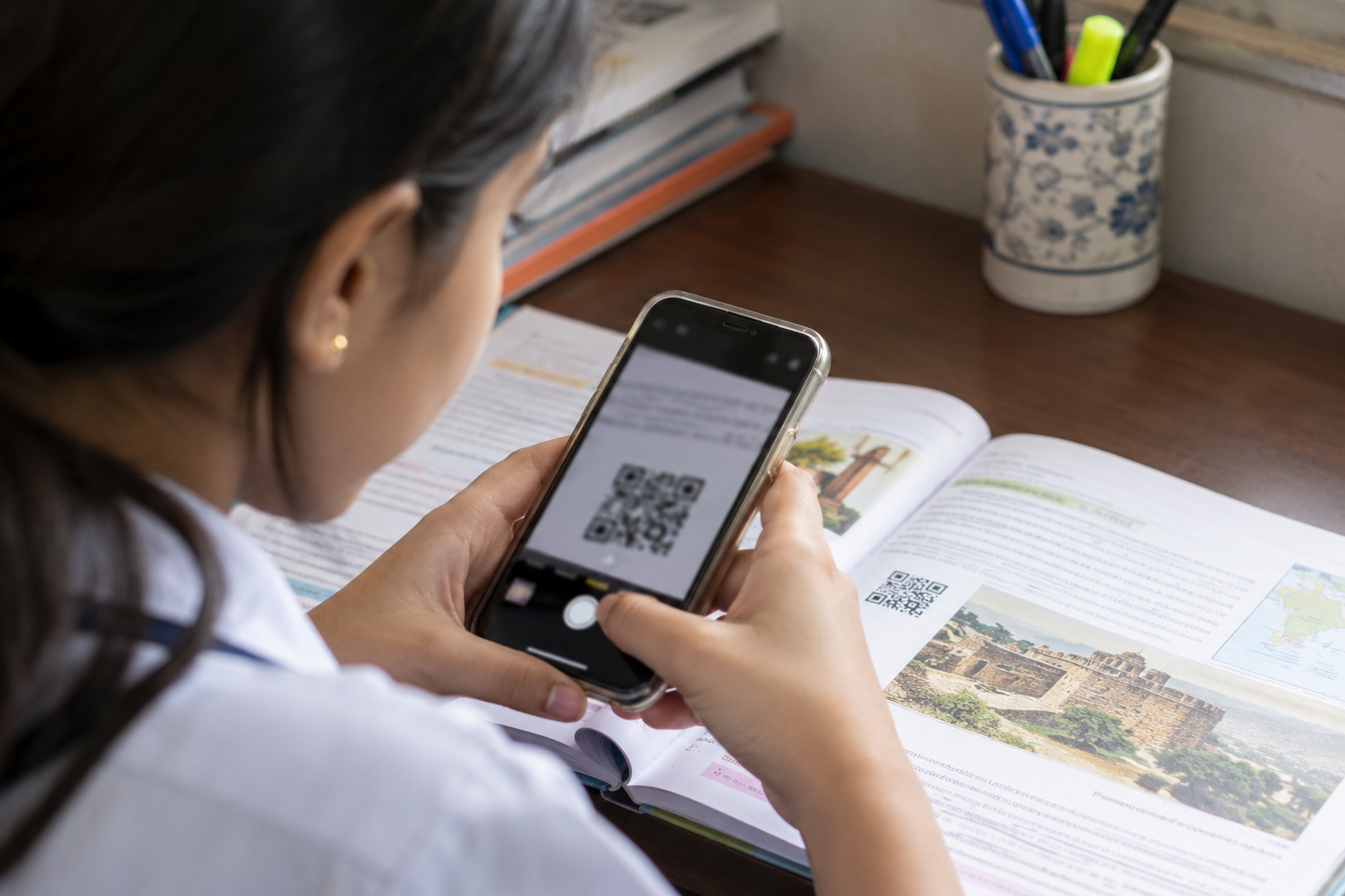 DIKSHA App से किताब का QR कोड स्कैन करती छात्रा