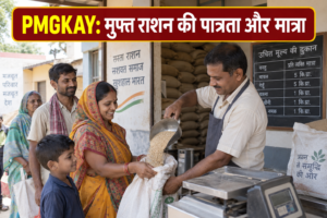 PMGKAY विषय पर राशन दुकान से खाद्यान्न लेती महिला