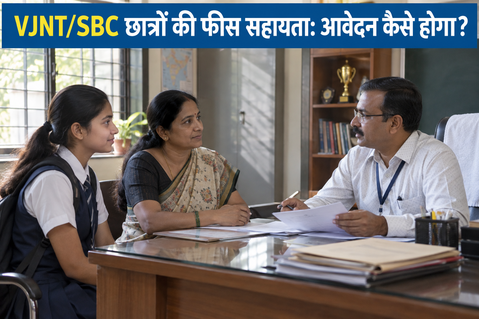 VJNT/SBC Fee Concession के बारे में प्रधानाध्यापक से बात करती छात्रा और अभिभावक