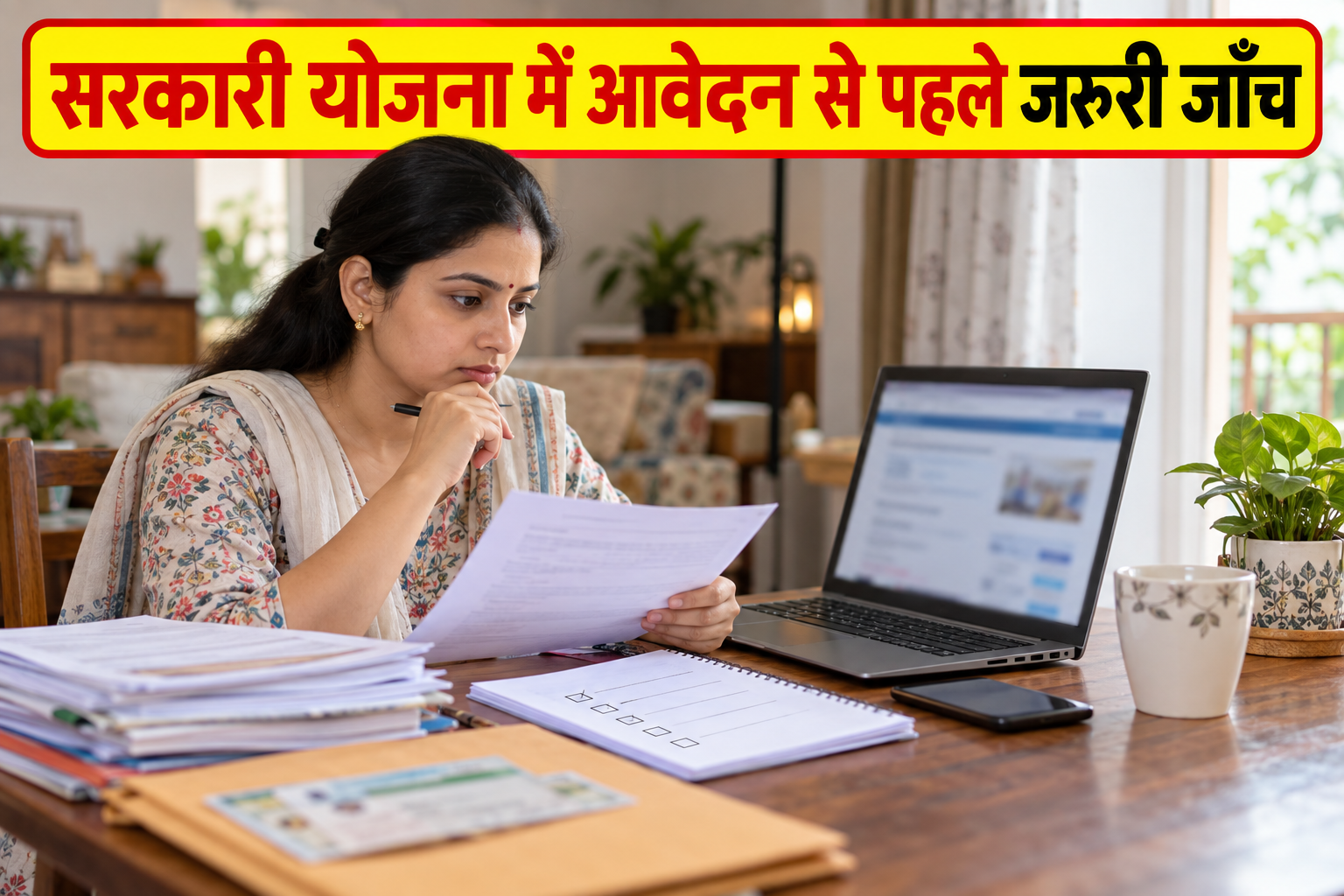 Government Scheme आवेदन से पहले दस्तावेज़ और जानकारी जाँचती महिला