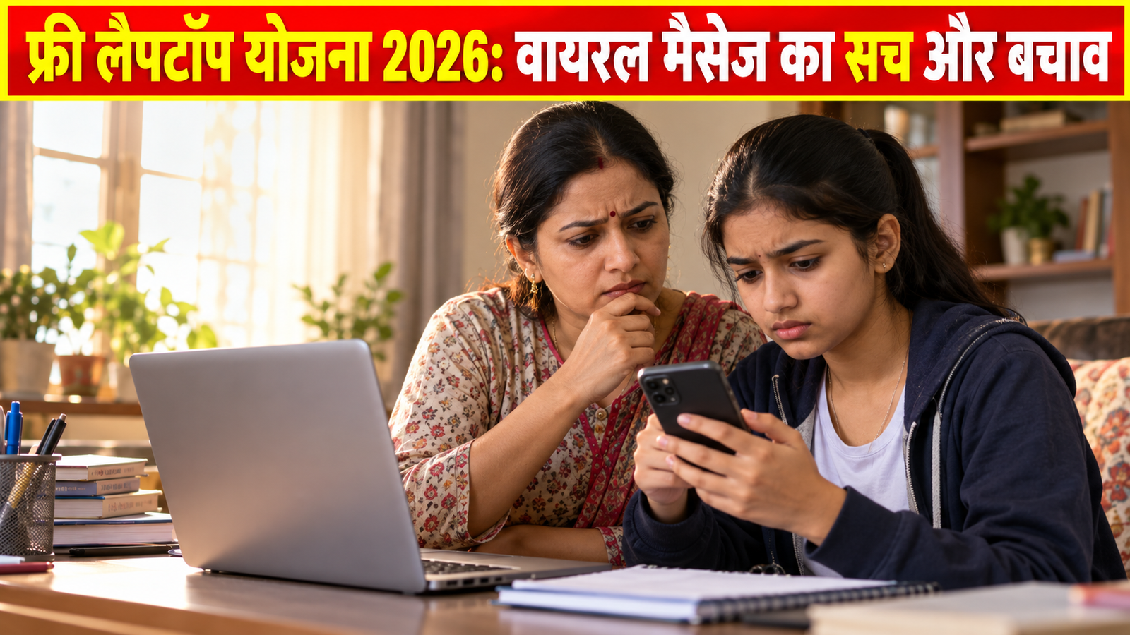 National Student Laptop Scheme 2026 के वायरल संदेश को जाँचती छात्रा और अभिभावक