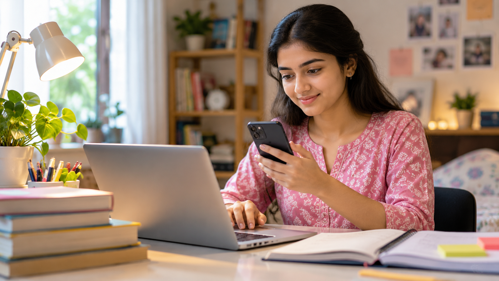 Viksit Bharat Quiz 2026 के लिए मोबाइल और लैपटॉप से पंजीकरण करती छात्रा