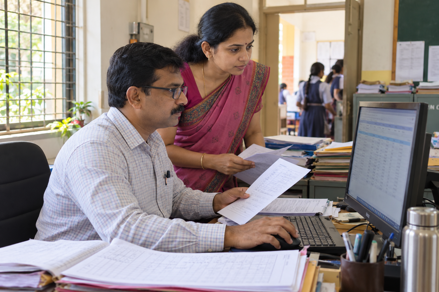 CBSE LOC 2026-27 में विषय विवरण जाँचते स्कूल कर्मचारी