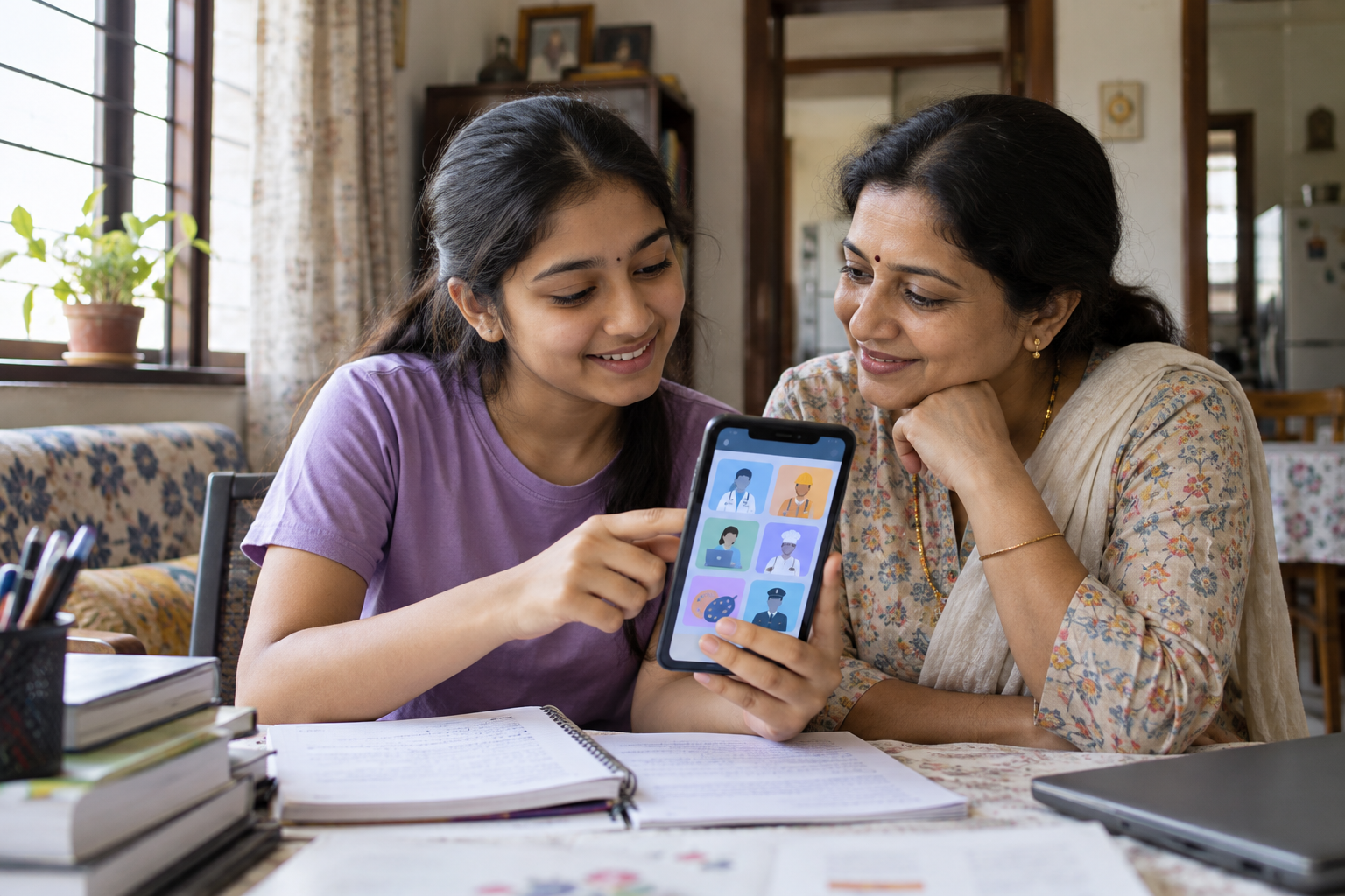 CBSE Career Guidance के लिए घर पर विकल्प खोजती छात्रा और अभिभावक
