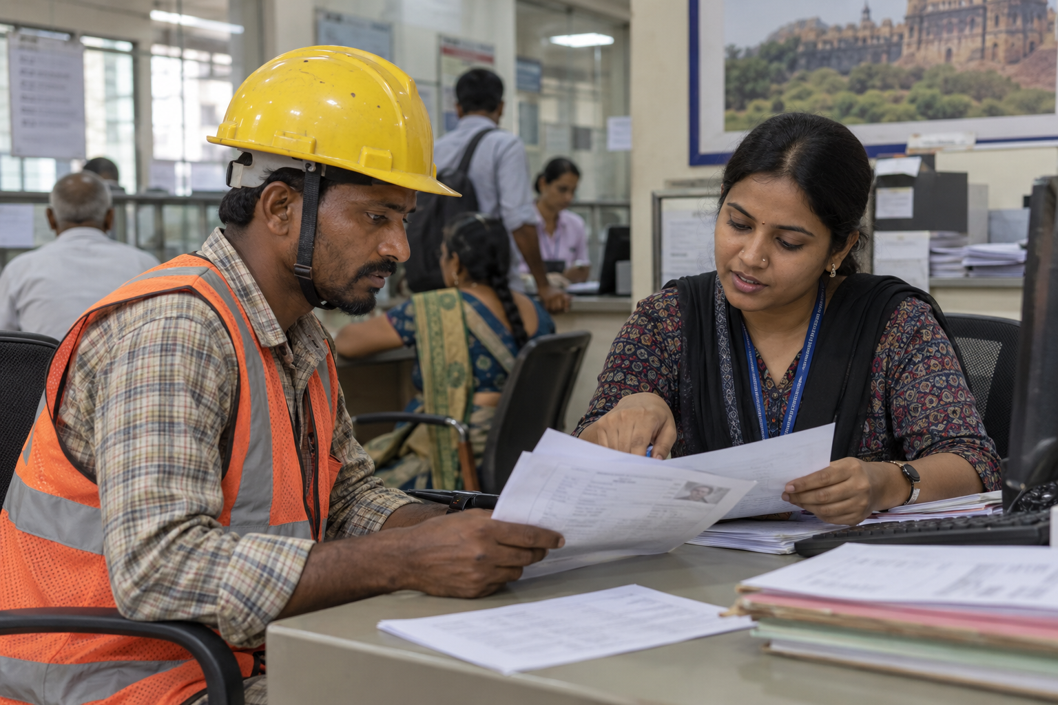 Construction Worker Welfare पंजीकरण के दस्तावेज़ जाँचता श्रमिक