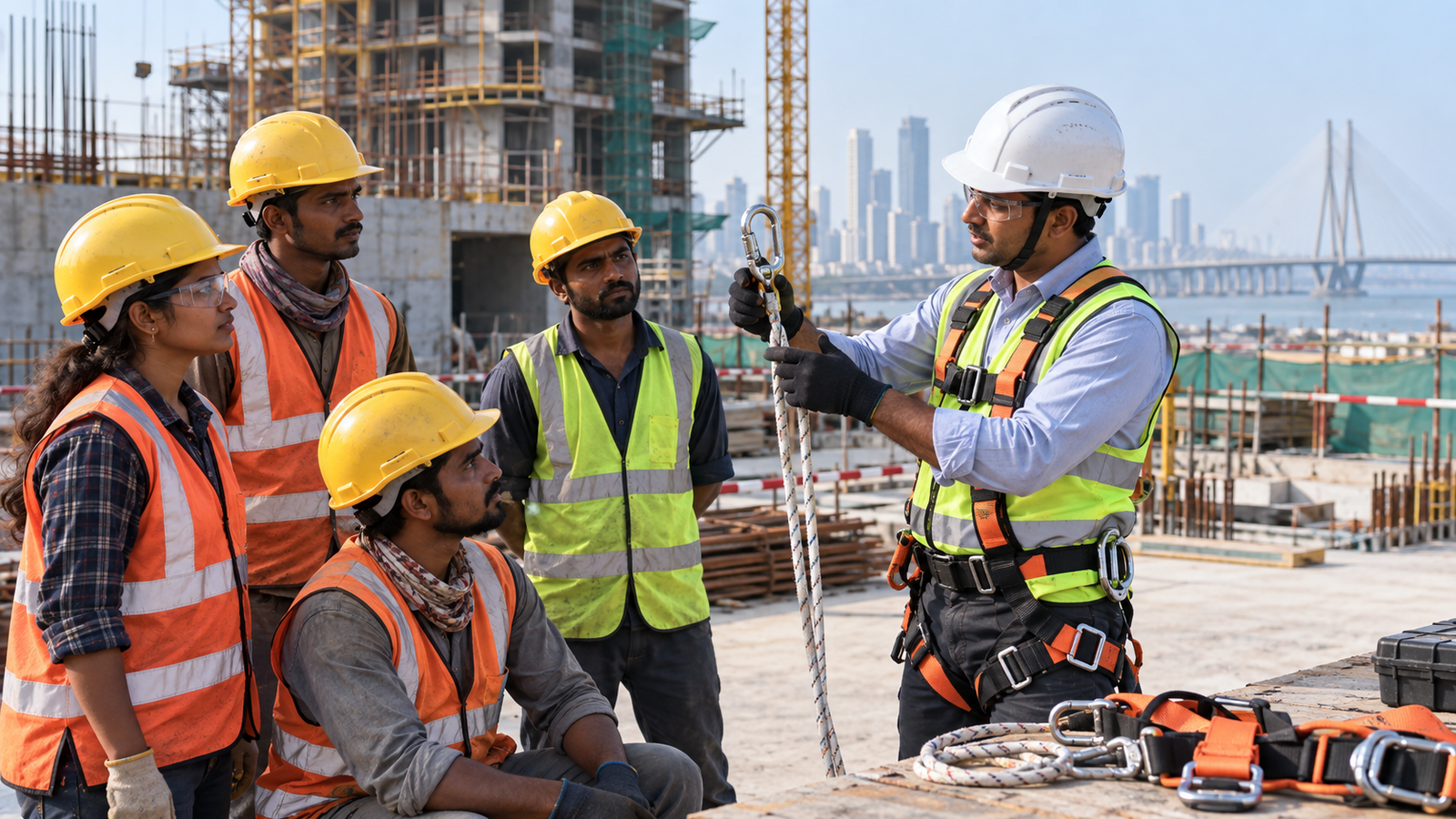 Construction Worker Welfare में सुरक्षा प्रशिक्षण लेते निर्माण श्रमिक