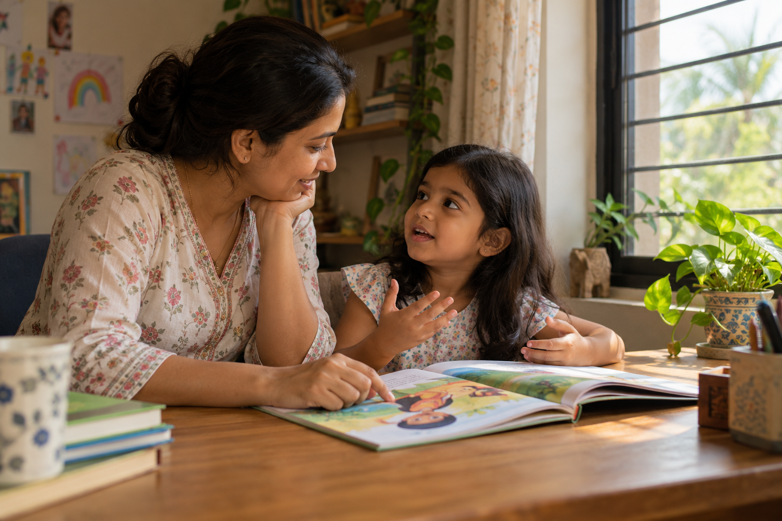 CBSE Parenting Calendar 2026-27 के संदर्भ में बच्ची के साथ कहानी पढ़ती माँ