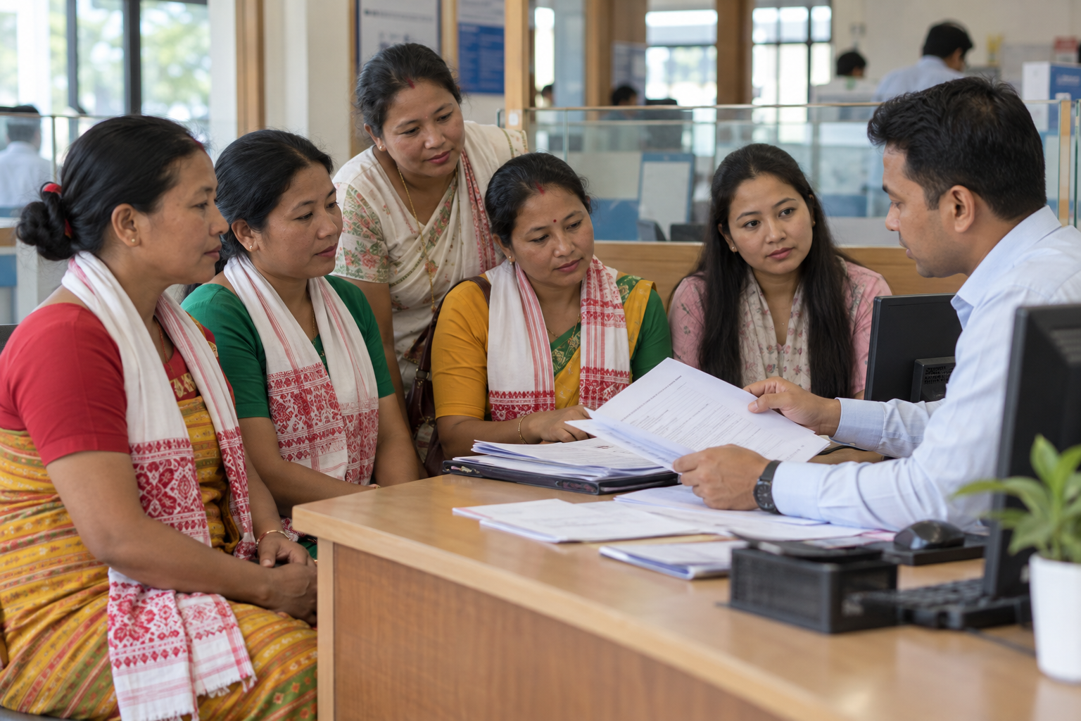 SHG Bank Loan 2026 के लिए बैंक अधिकारी से बात करती समूह सदस्य