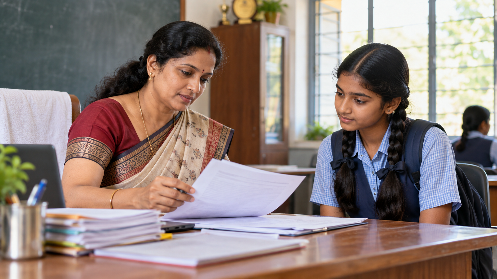NMMSS Scholarship 2026 के दस्तावेज देखती शिक्षिका