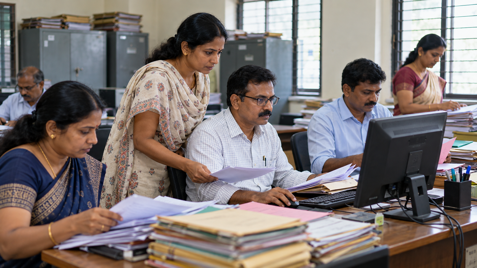 आवेदन जाँचते कर्मचारीNMMSS Scholarship 2026 आवेदन सत्यापन का सांकेतिक दृश्य