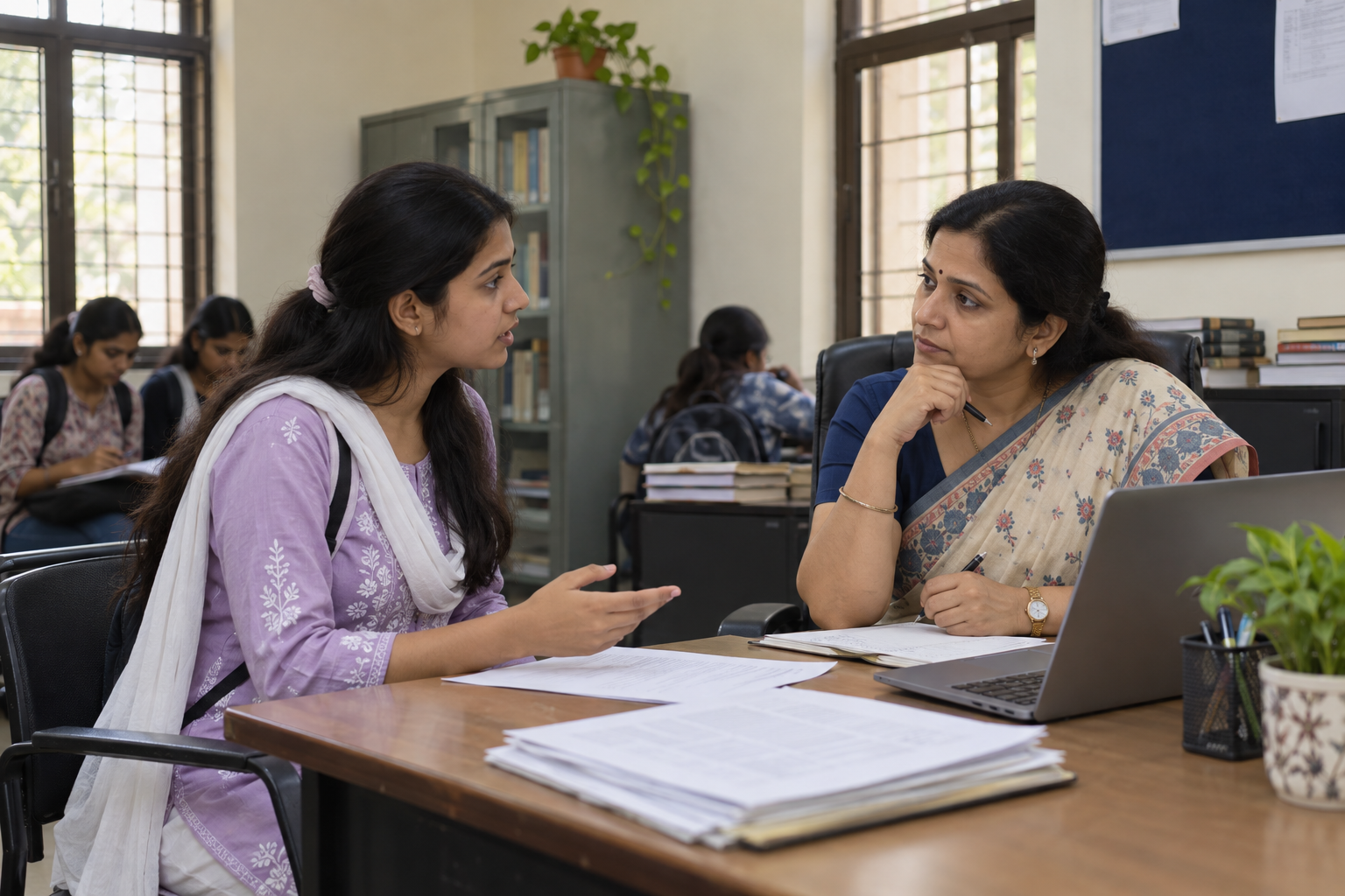SWAYAM 2026 credit transfer पर शिक्षिका से जानकारी लेती छात्रा।
