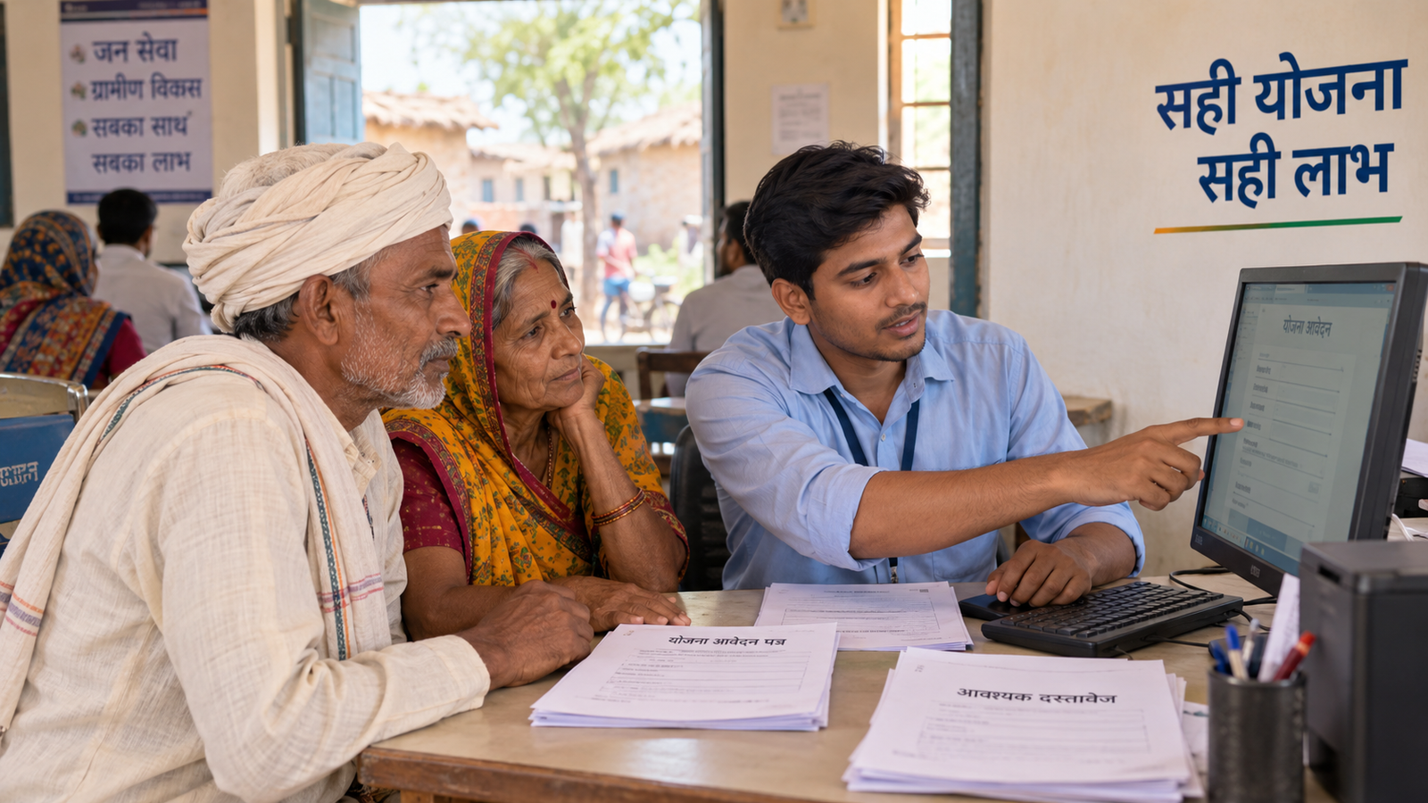 myScheme Portal 2026 से योजना समझते किसान और वरिष्ठ महिला