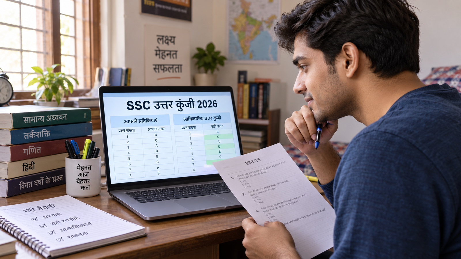 लैपटॉप पर SSC Answer Key 2026 की जांच करता अभ्यर्थी