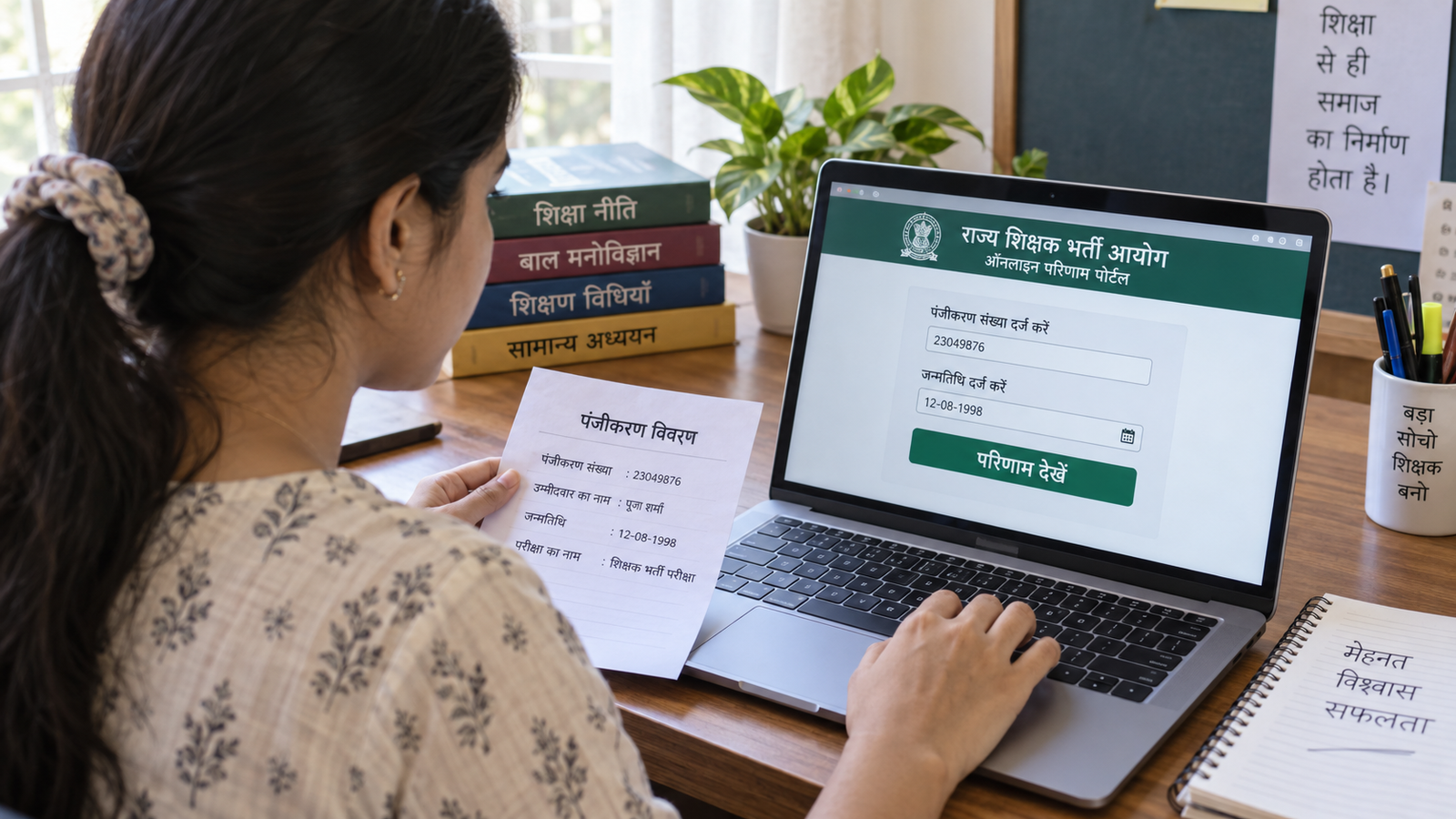 ऑनलाइन KVS NVS Result 2026 जांचती महिला उम्मीदवार