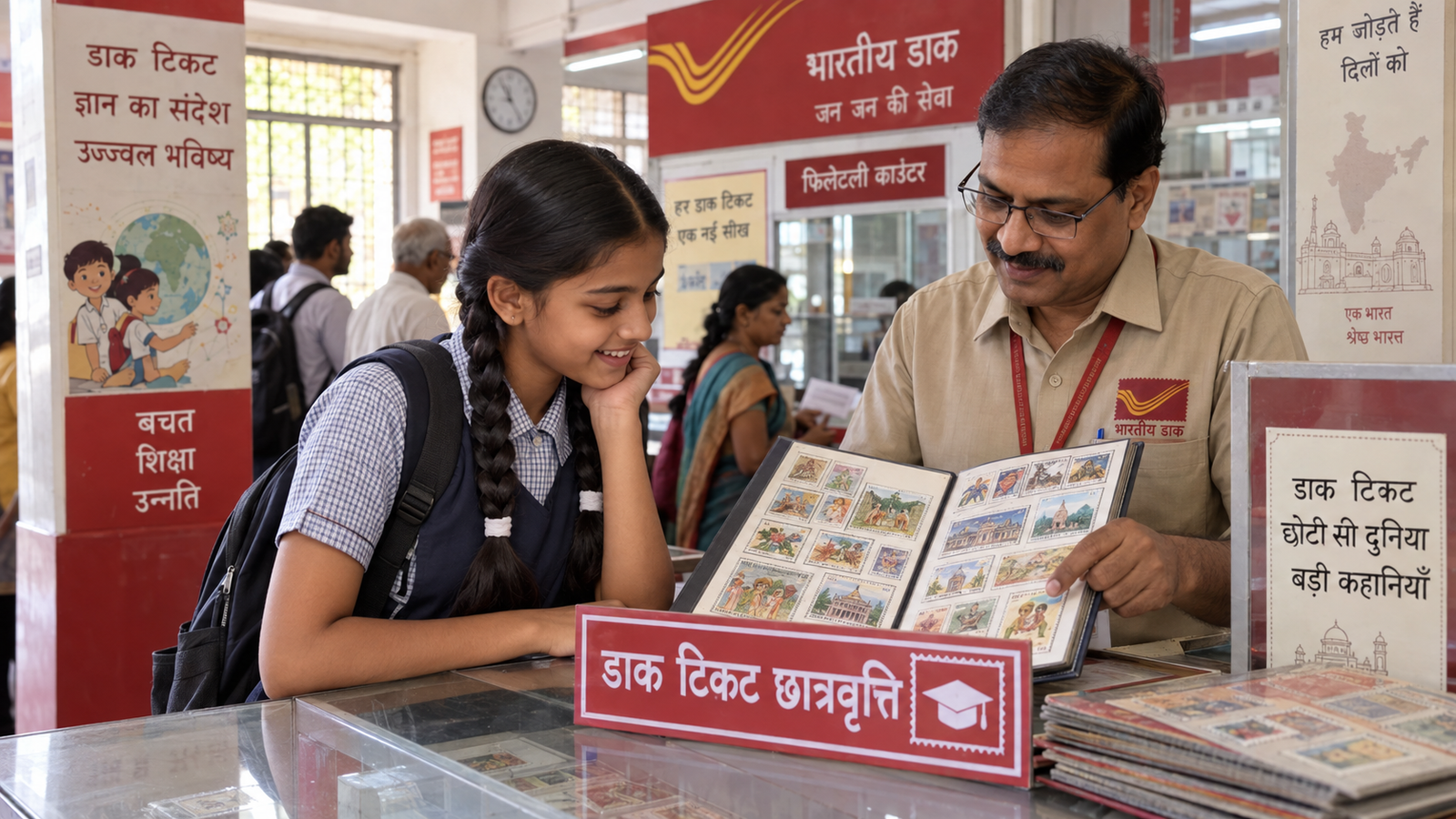 Deen Dayal SPARSH Yojana के लिए डाक टिकट संग्रह देखती छात्रा