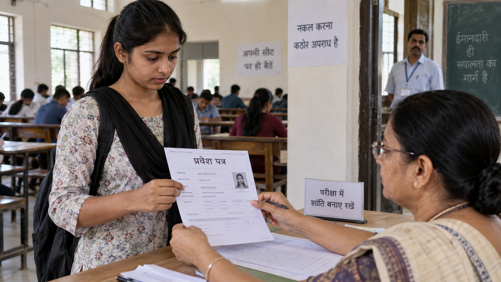 SSC JHT 2026 Re-Exam के प्रवेश पत्र की जाँच कराती अभ्यर्थी