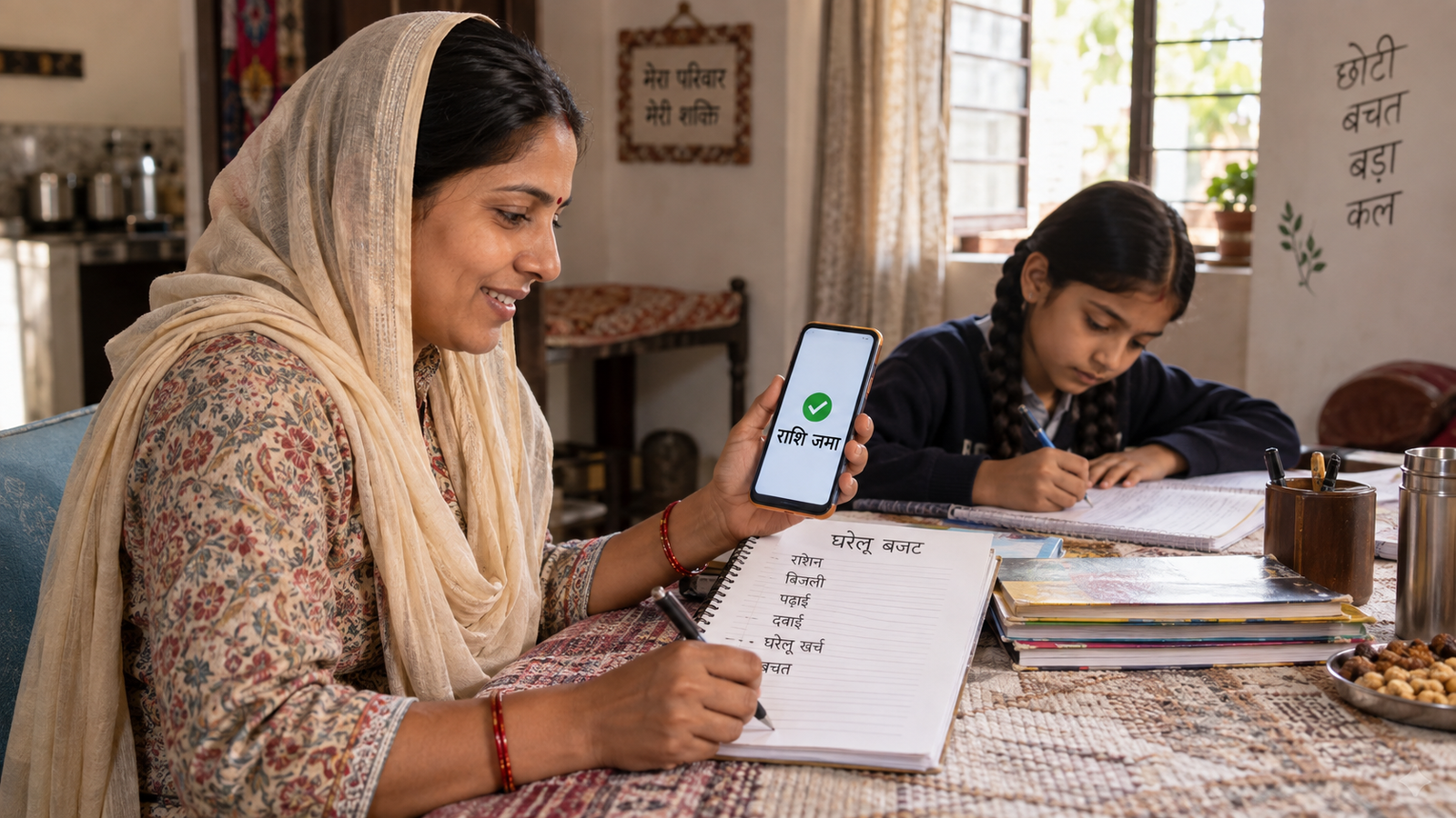 Lado Lakshmi Yojana 2026 की राशि मिलने पर घरेलू बजट बनाती महिला