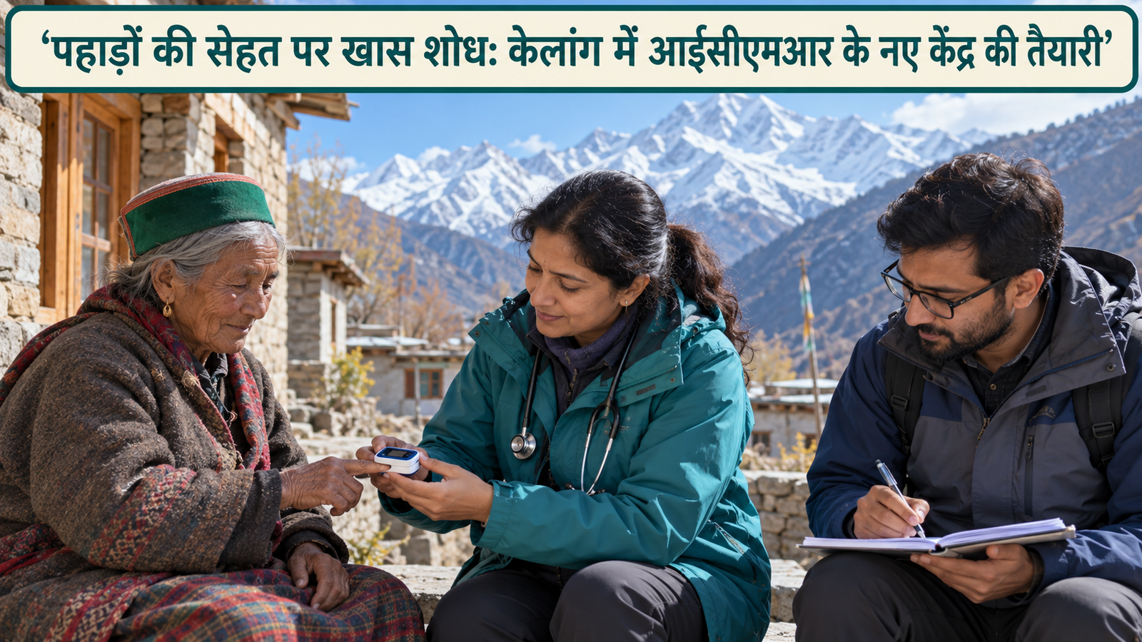 ICMR-CHAMP — पहाड़ी समुदाय में स्वास्थ्यकर्मी बुजुर्ग की उँगली पर ऑक्सीमीटर से जाँच कर रही है और शोधकर्ता नोट लिख रहा है