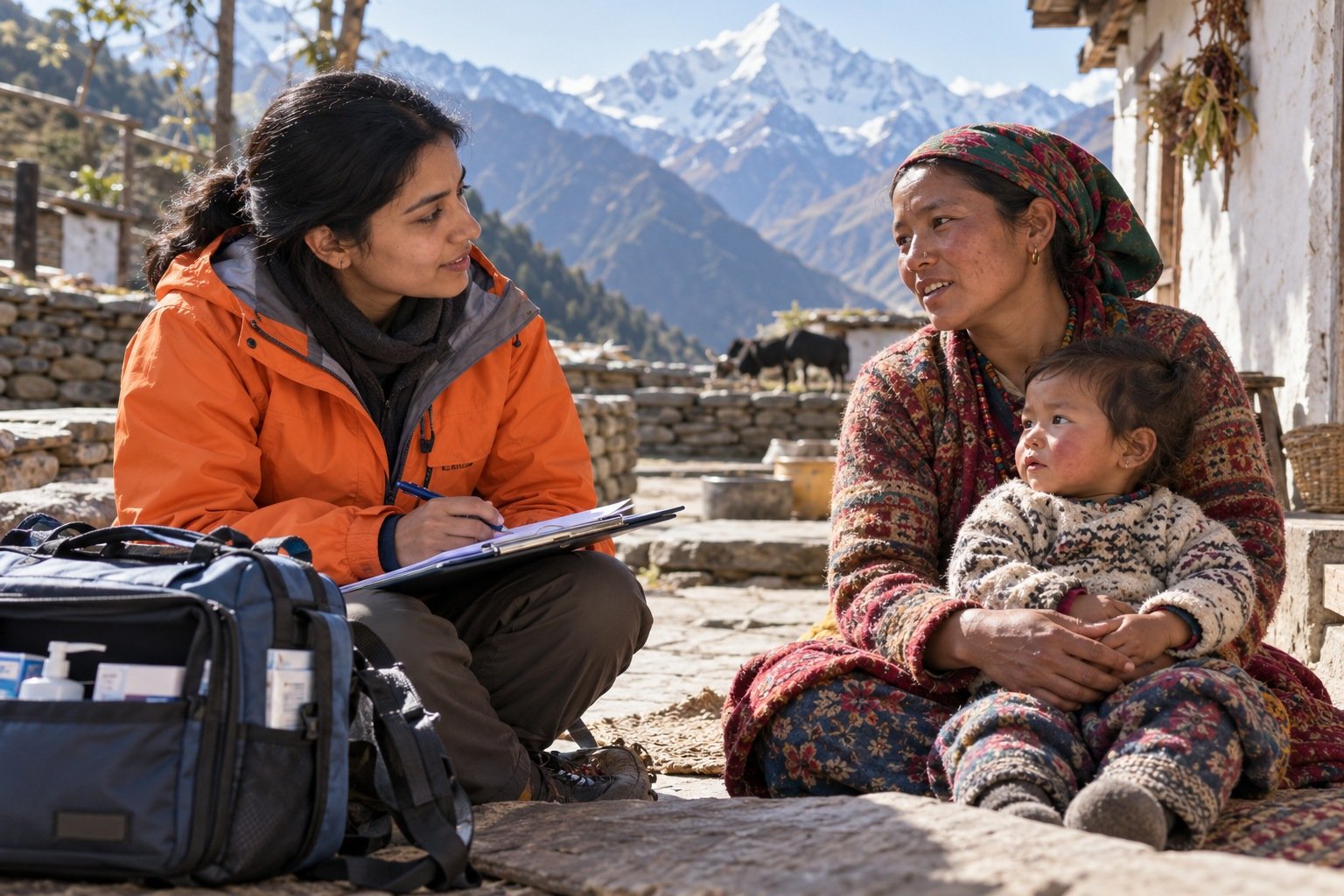 ICMR-CHAMP — पहाड़ी गाँव में स्वास्थ्य शोधकर्ता गोद में बच्चा लिए महिला से बातचीत
