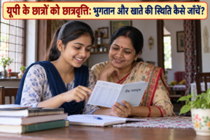 UP Scholarship — छात्रवृत्ति का बैंक रिकॉर्ड देखती छात्रा और माँ