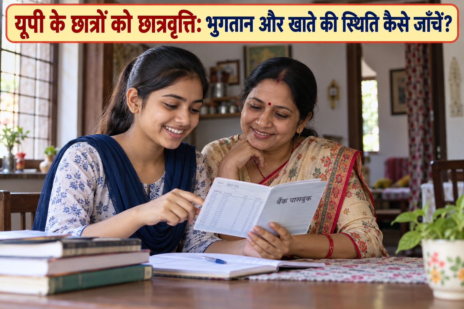 UP Scholarship — छात्रवृत्ति का बैंक रिकॉर्ड देखती छात्रा और माँ