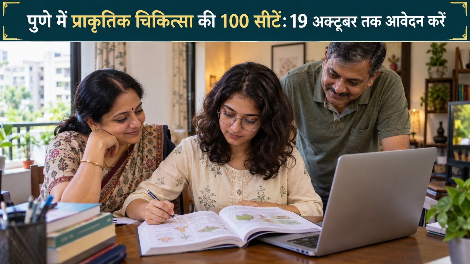 BNYS Admission — जीवविज्ञान की किताब और लैपटॉप के साथ पढ़ती छात्रा, पीछे बैठे माता-पिता