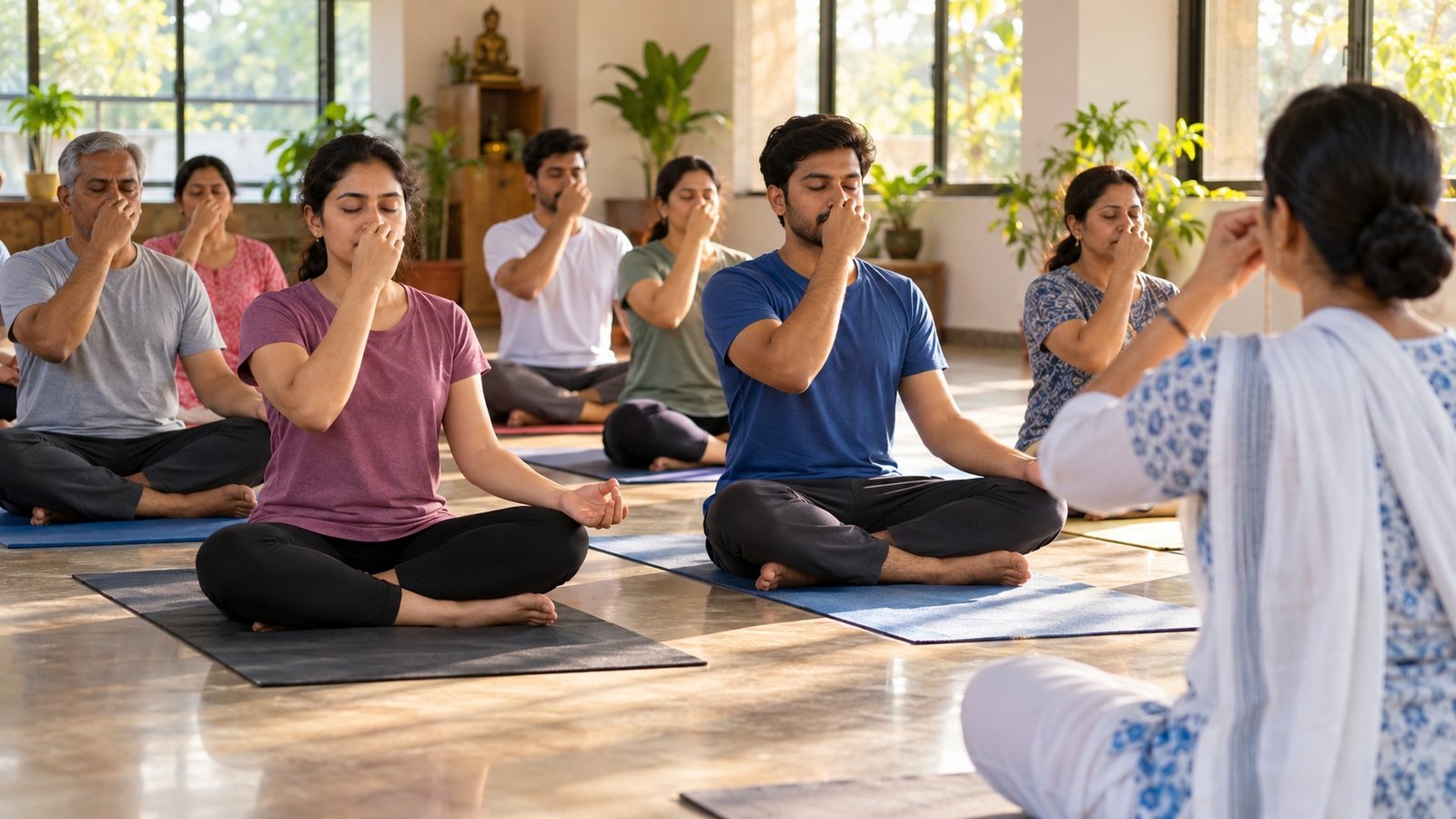 BNYS Admission — योग प्रशिक्षक के साथ बैठकर श्वसन अभ्यास करते वयस्क विद्यार्थी