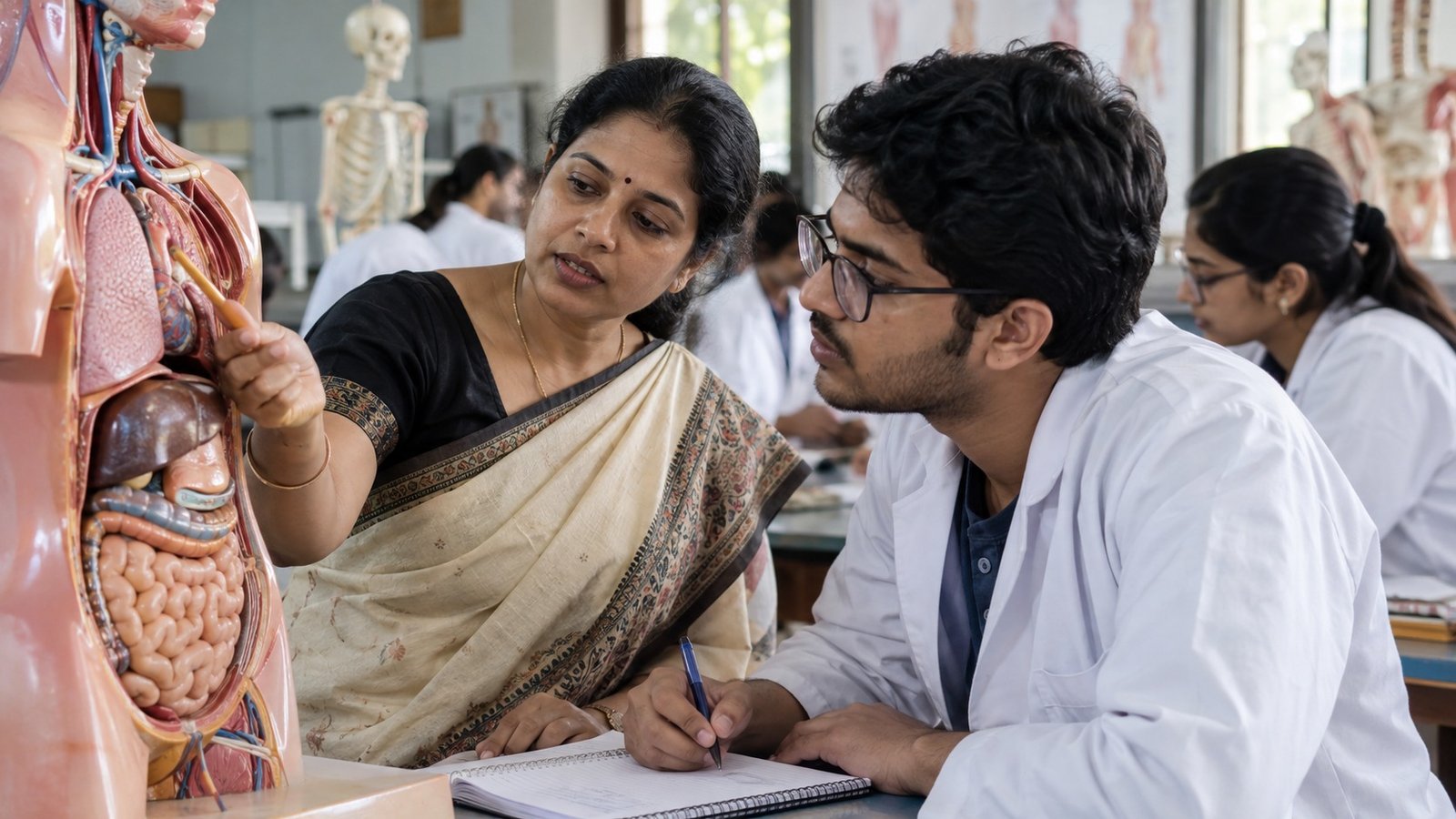 BNYS Admission — शरीर रचना के मॉडल के पास शिक्षक से सीखता छात्र